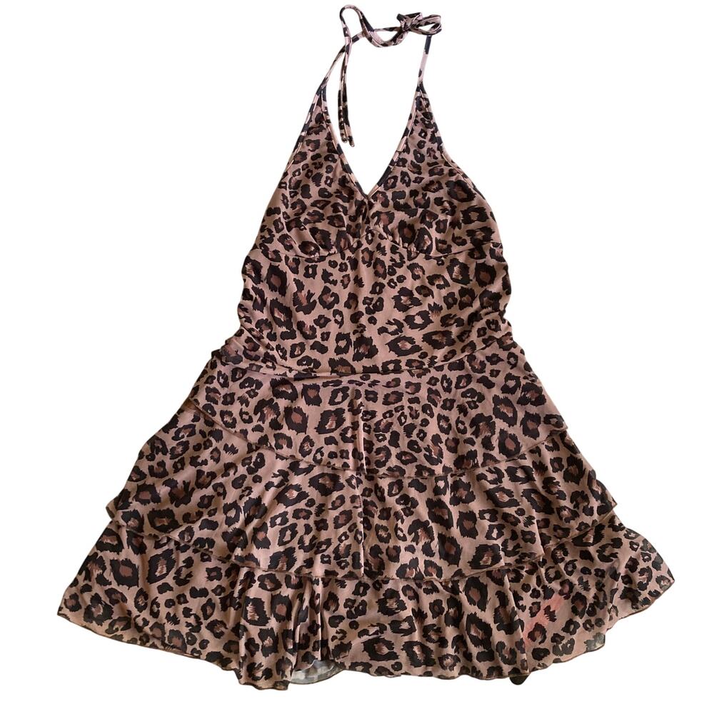 Romwe Leopard Halter Mini Dress Womens 3XL Plus Brown Pink Tiered Animal Print
